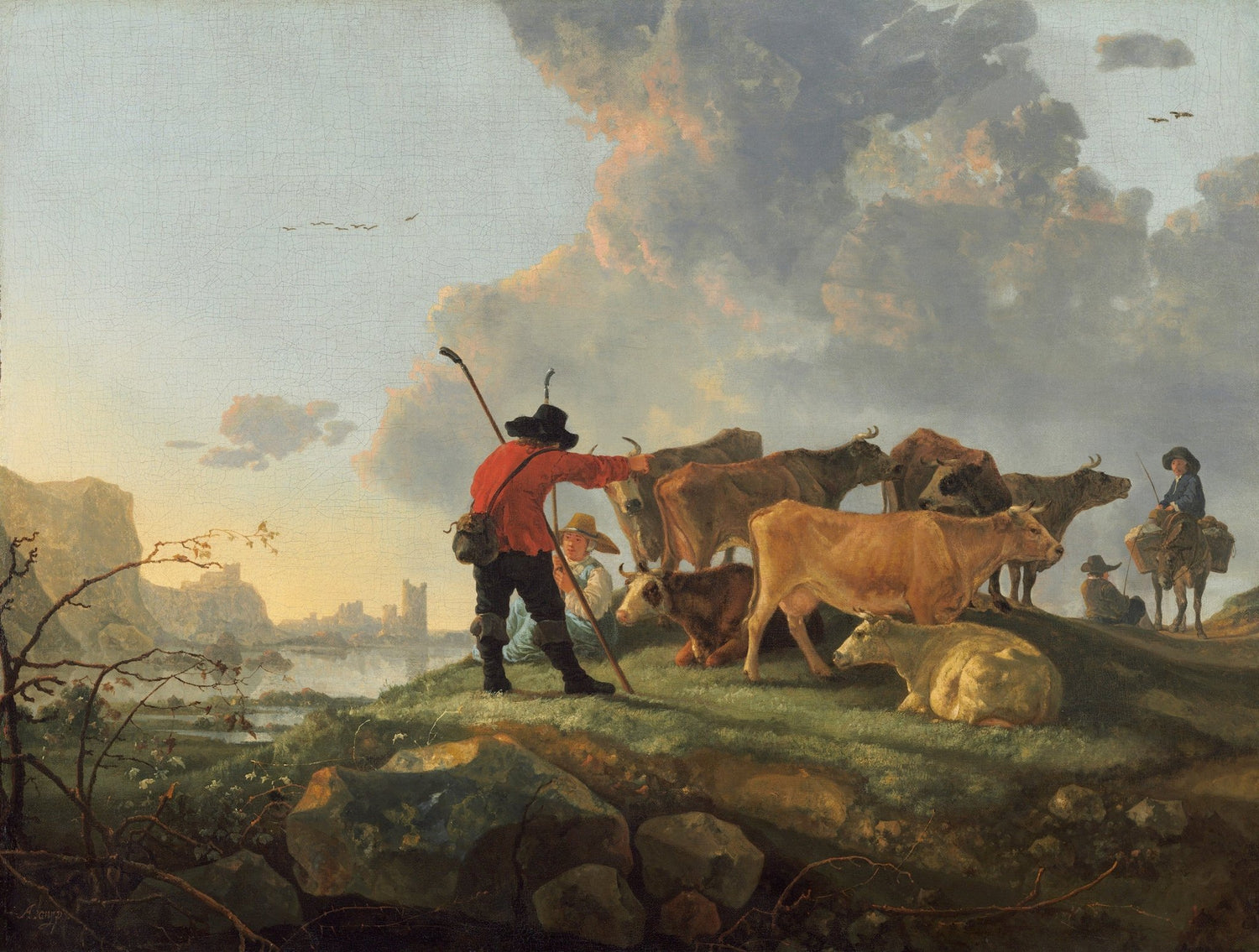 People Oil Painting - Shepherd Herding Cattle in Pastoral Landscape - Oil Painting Haven