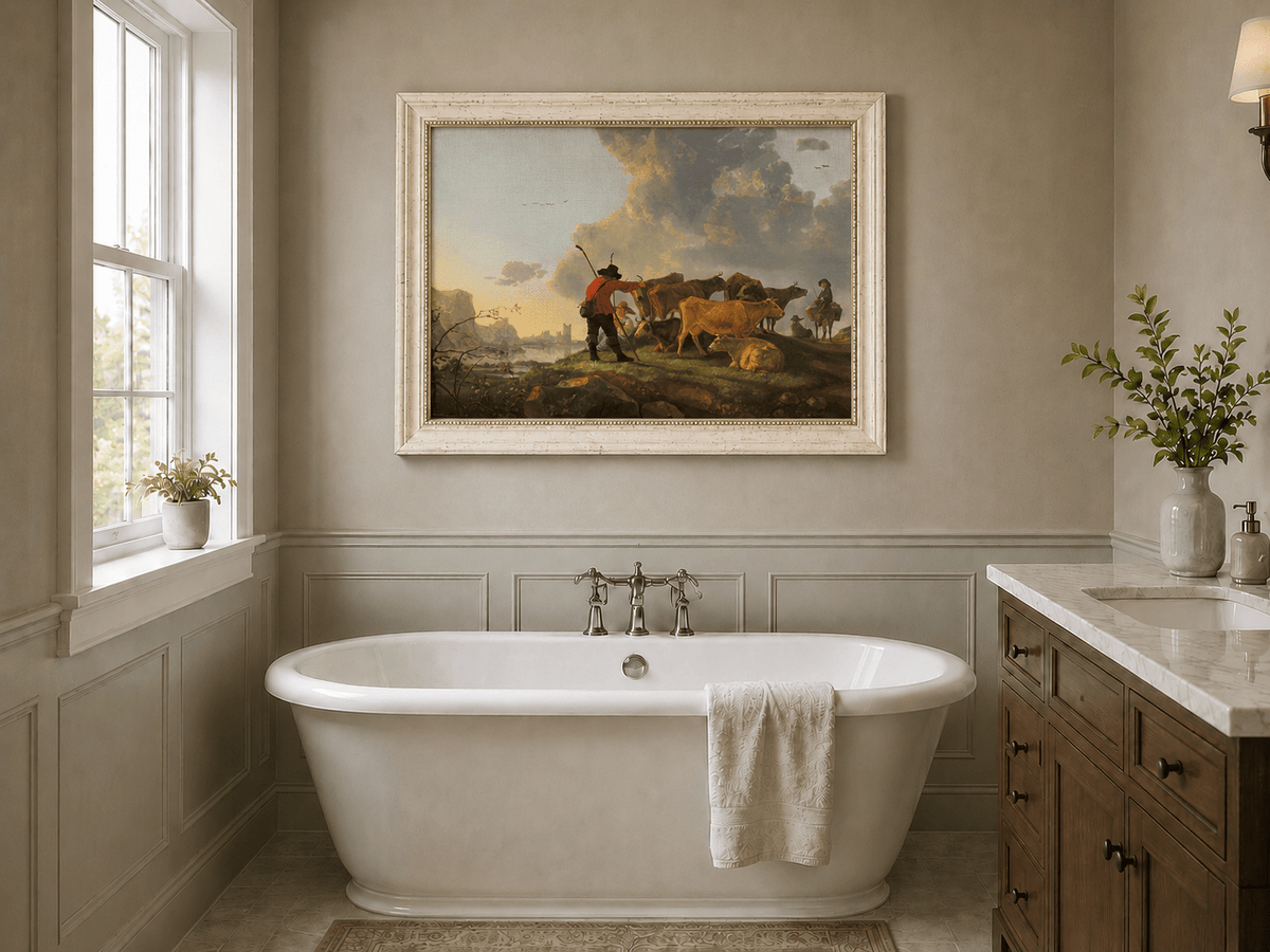 Peinture à l'huile de paysage - Homme à dos d'âne, femme, chien et champ rural