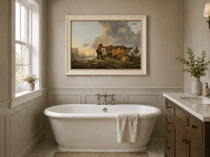 Peinture à l'huile de paysage - Homme à dos d'âne, femme, chien et champ rural