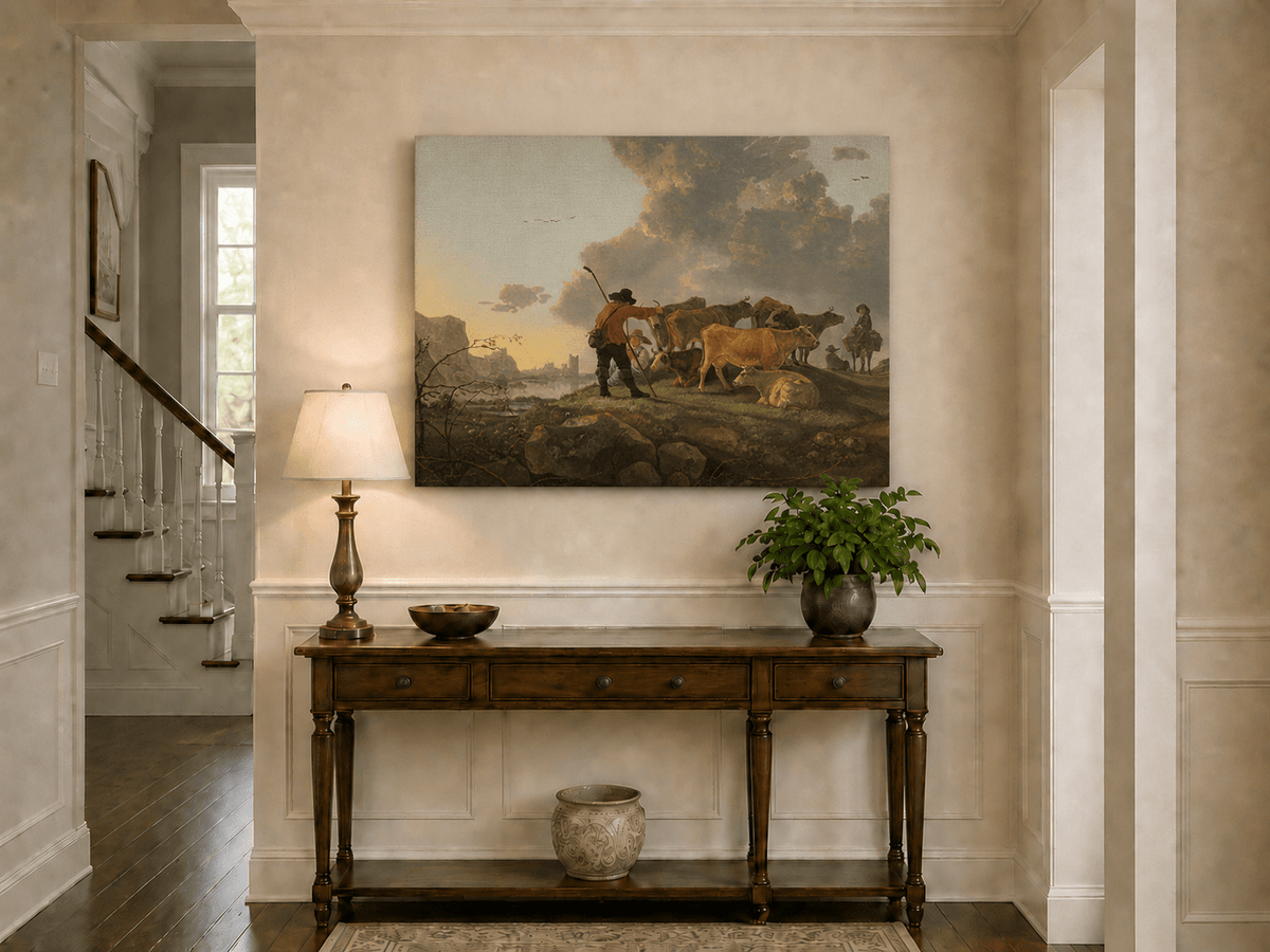 Peinture à l'huile de paysage - Homme à dos d'âne, femme, chien et champ rural