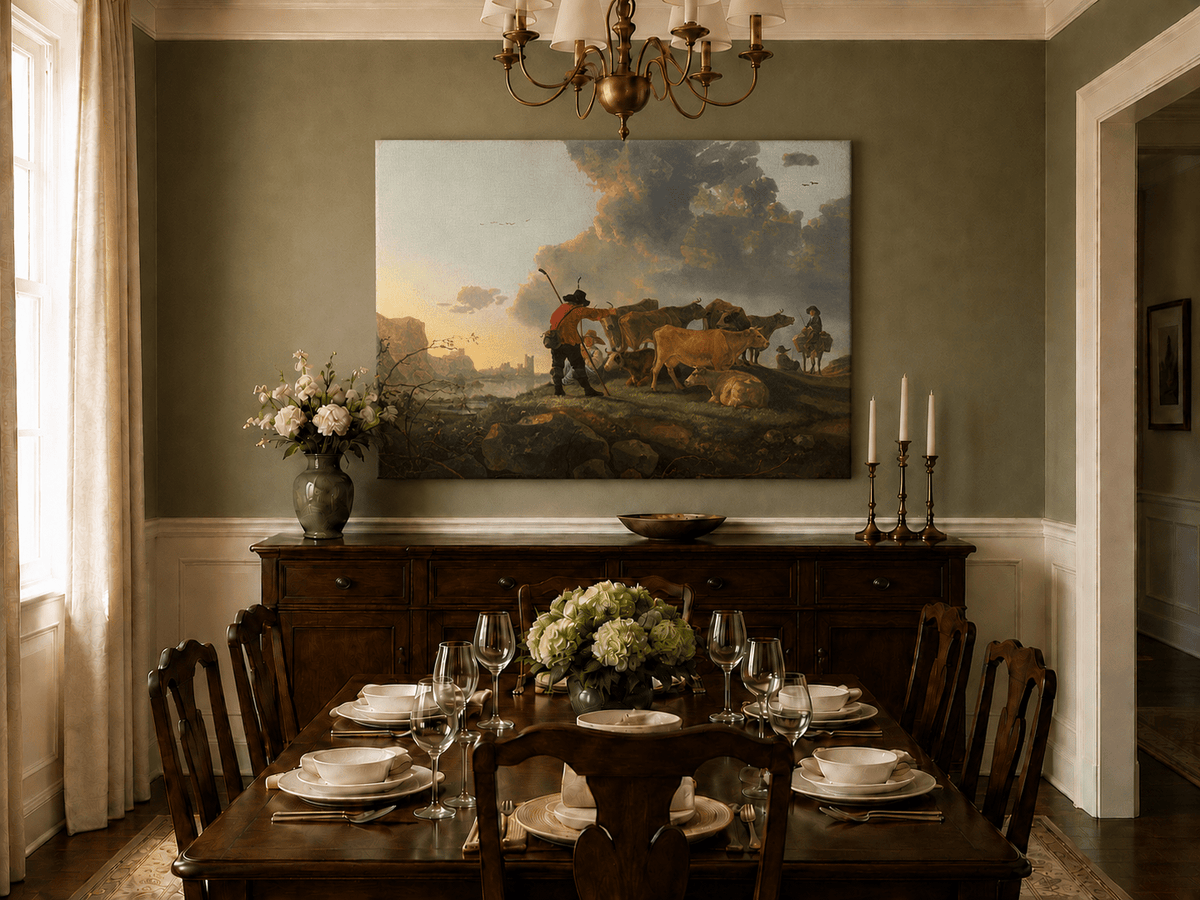 Peinture à l'huile de paysage - Homme à dos d'âne, femme, chien et champ rural