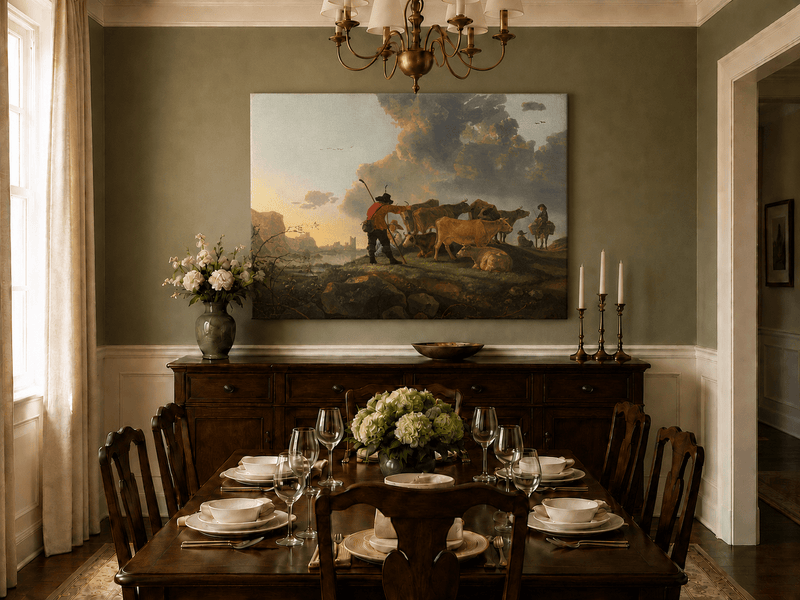 Peinture à l'huile de paysage - Homme à dos d'âne, femme, chien et champ rural