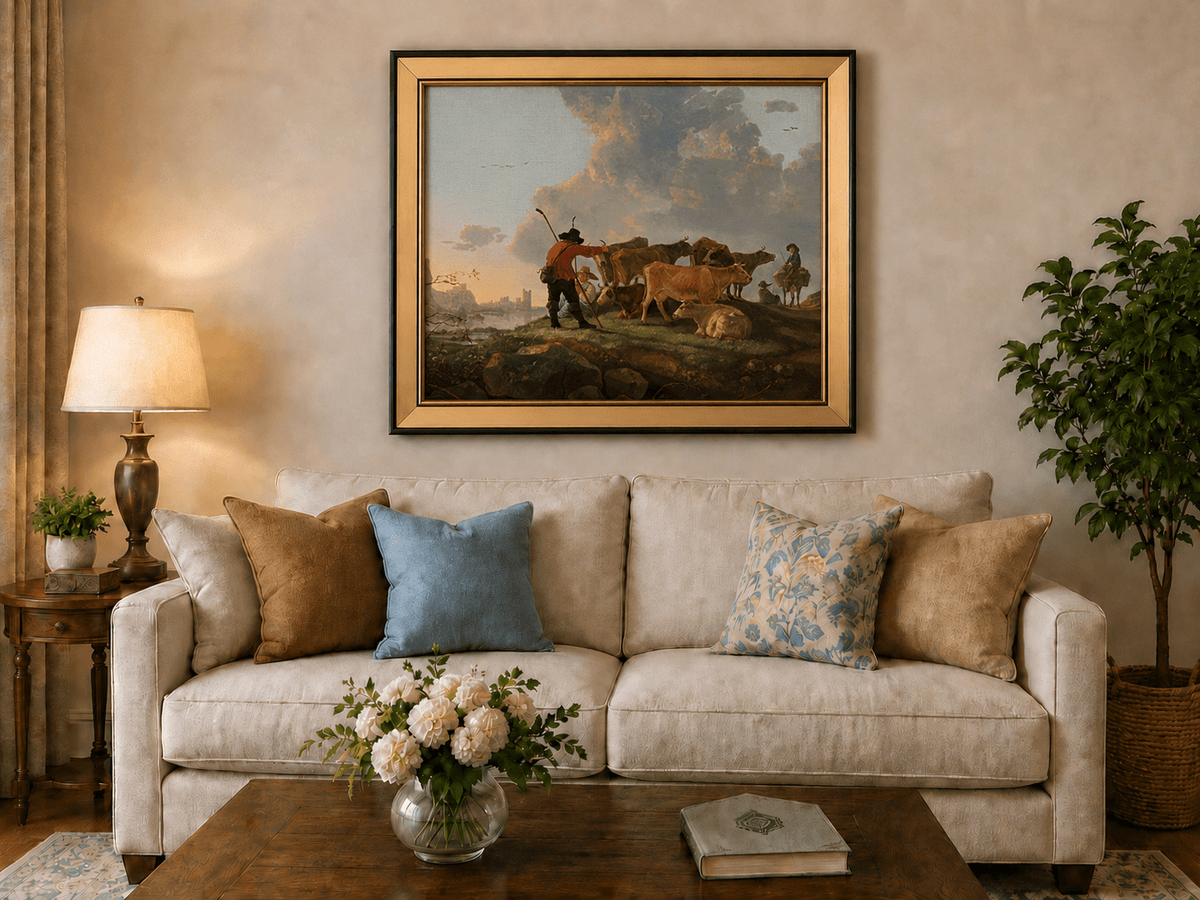 Peinture à l'huile de paysage - Homme à dos d'âne, femme, chien et champ rural