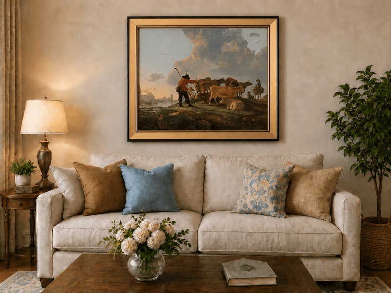 Peinture à l'huile de paysage - Homme à dos d'âne, femme, chien et champ rural