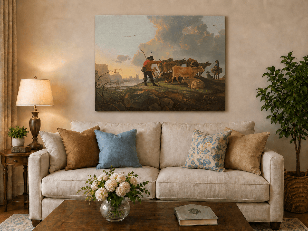 Peinture à l'huile de paysage - Homme à dos d'âne, femme, chien et champ rural