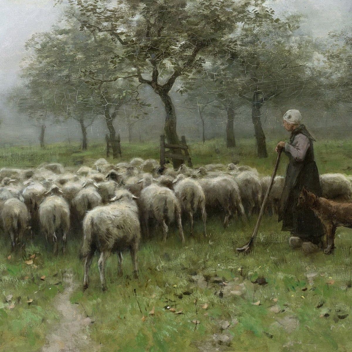 People Oil Painting - Shepherd Woman with Sheep Flock - Oil Painting Haven