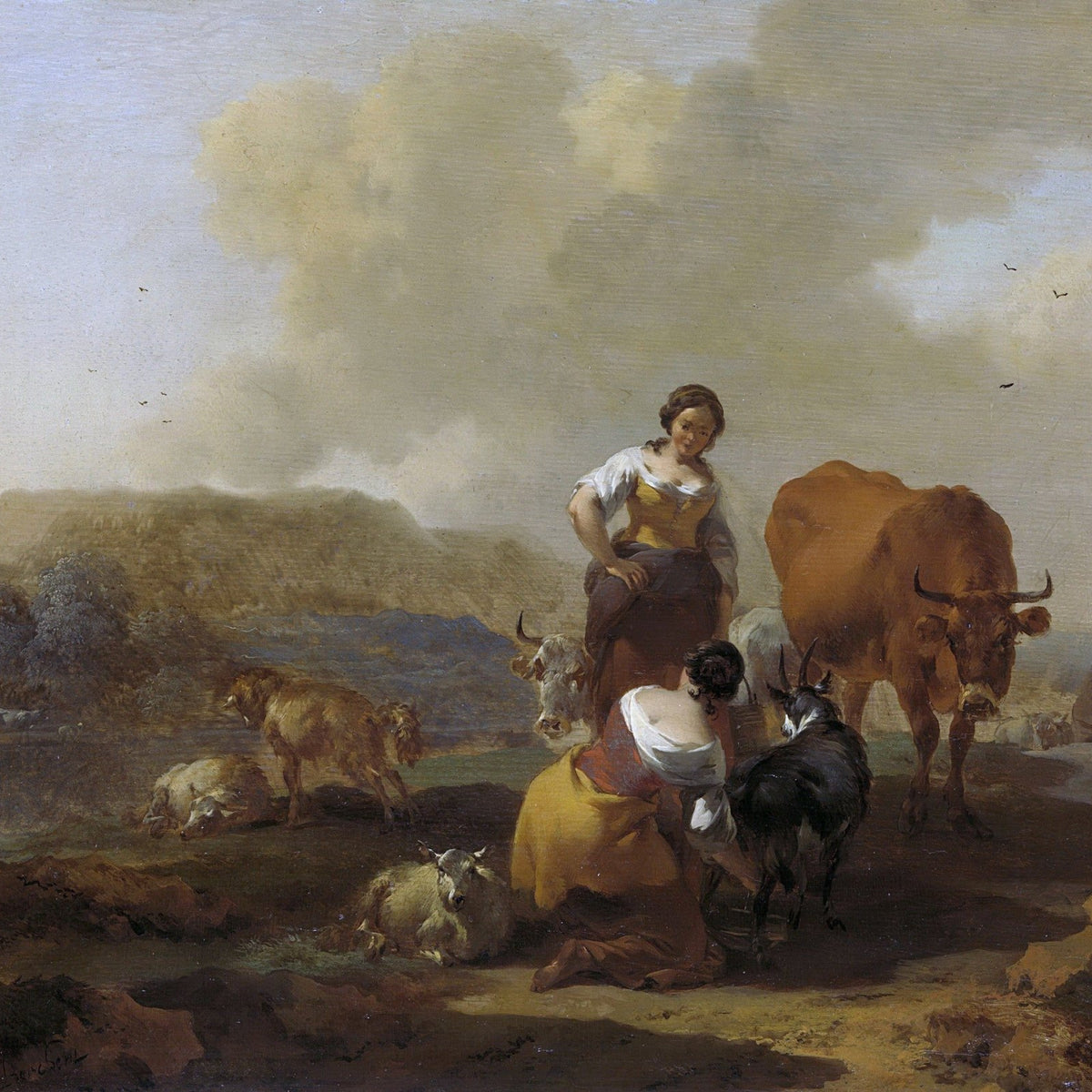 People Oil Painting - Shepherd Women with Cattle in Pastoral Hills - Oil Painting Haven