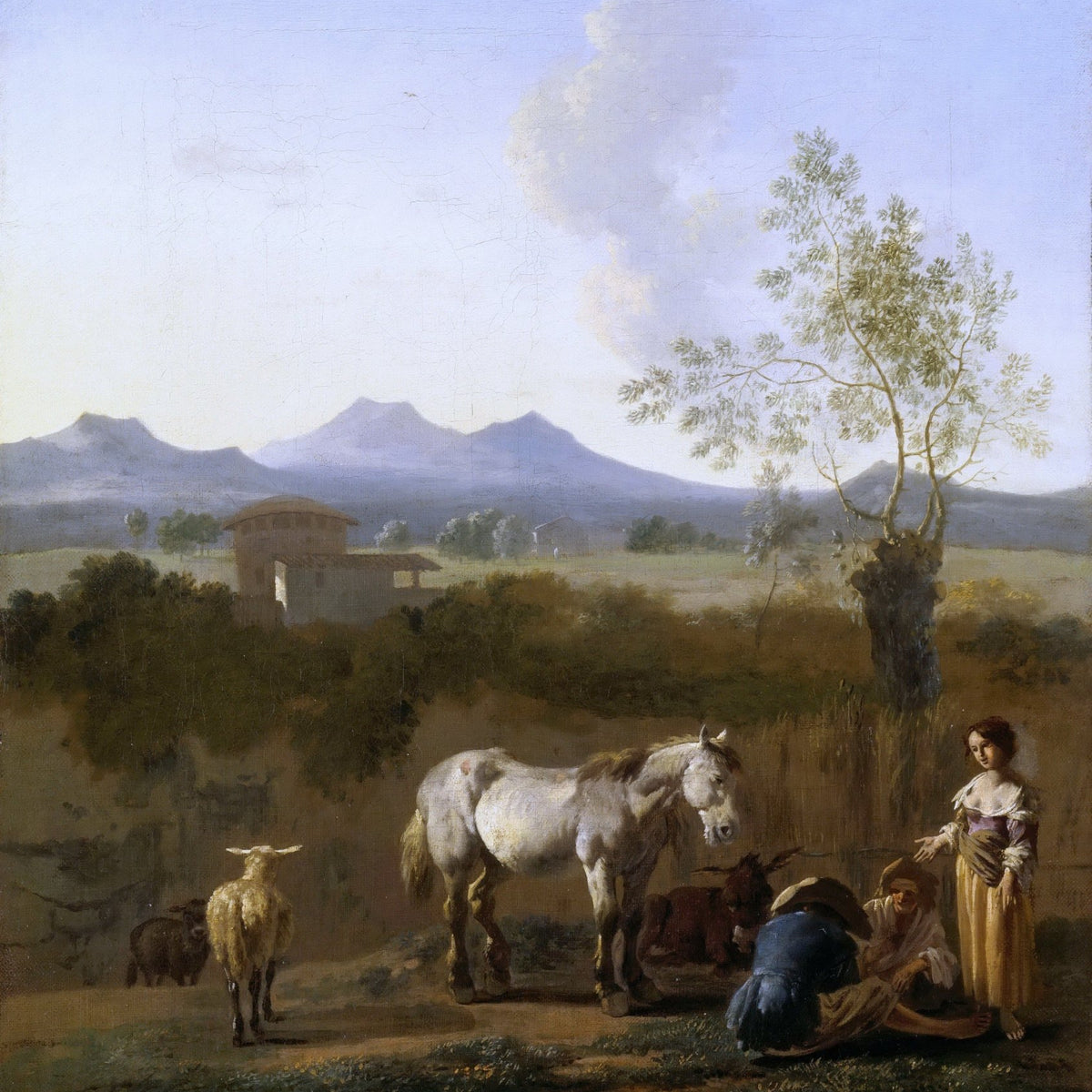 People Oil Painting - Shepherds with White Horse Landscape - Oil Painting Haven