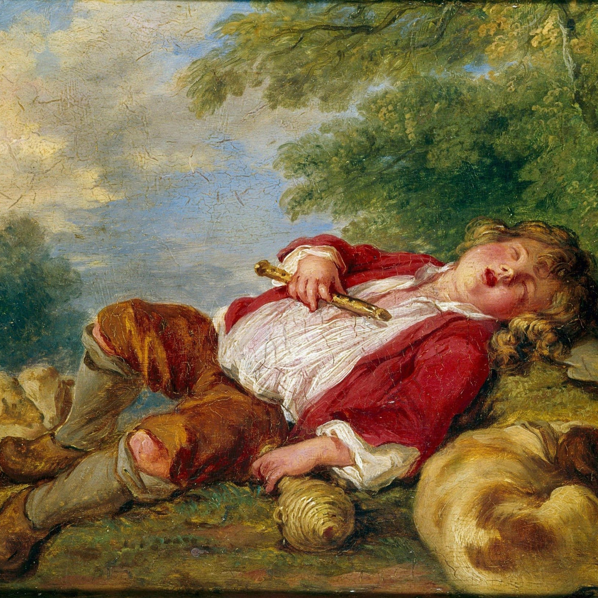 People Oil Painting - Sleeping Shepherd Boy with Dog - Oil Painting Haven