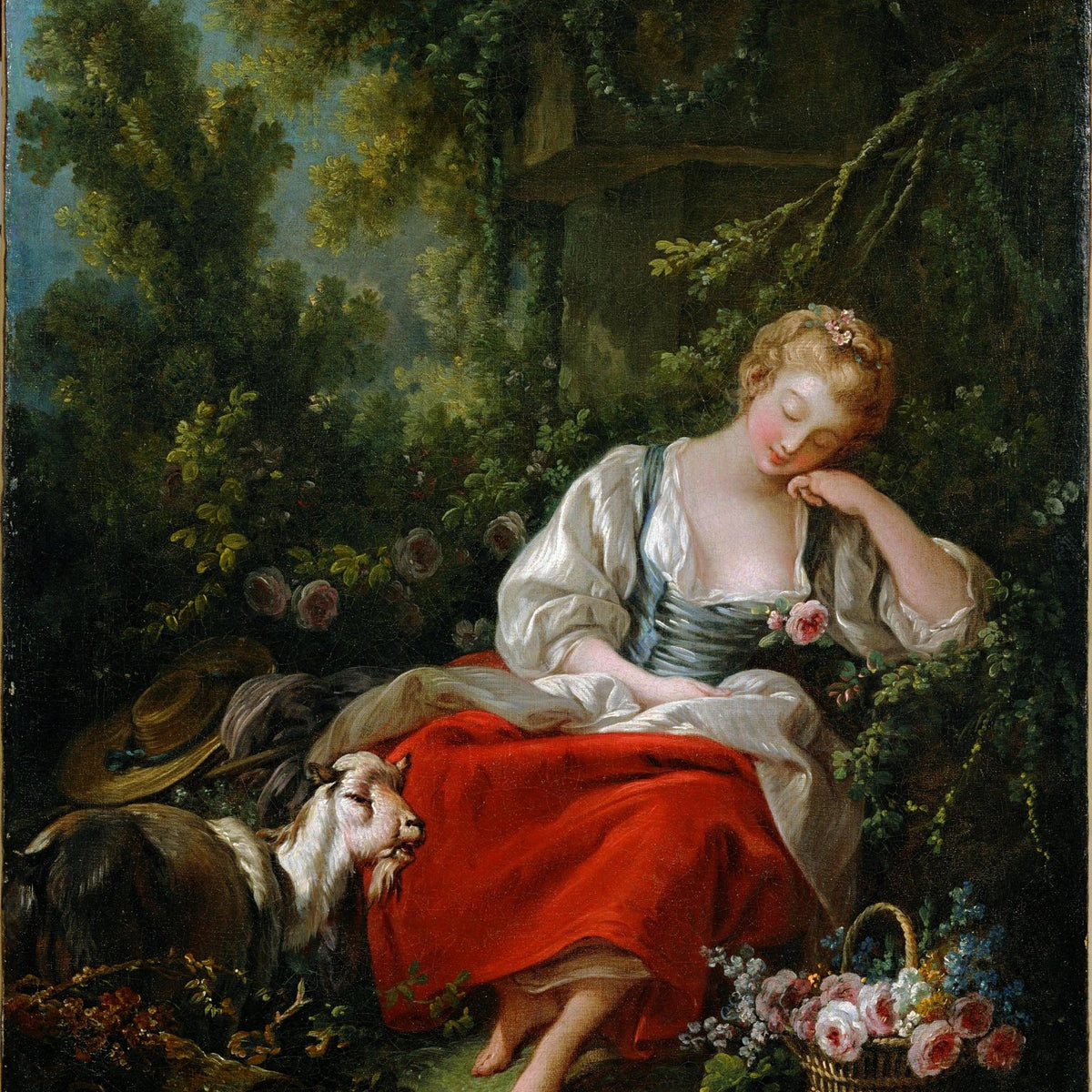 People Oil Painting - Sleeping Shepherdess with Goat - Oil Painting Haven