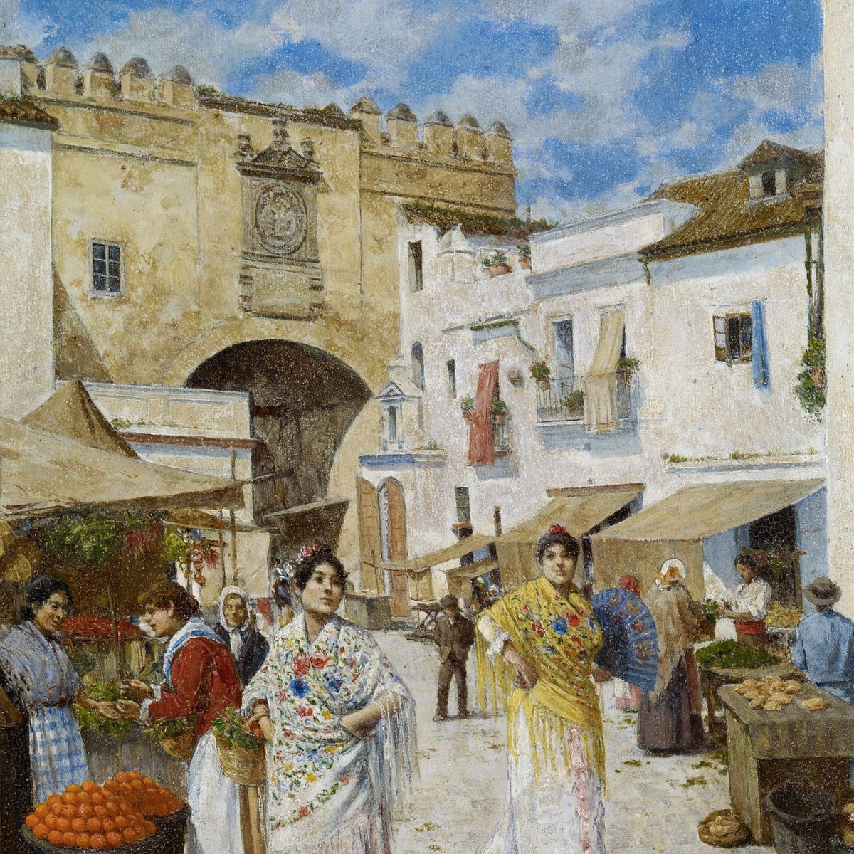 People Oil Painting - Spanish Market Street Scene with Figures - Oil Painting Haven