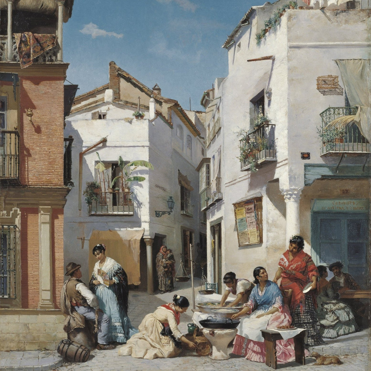 People Oil Painting - Spanish Street Scene with Market Figures - Oil Painting Haven