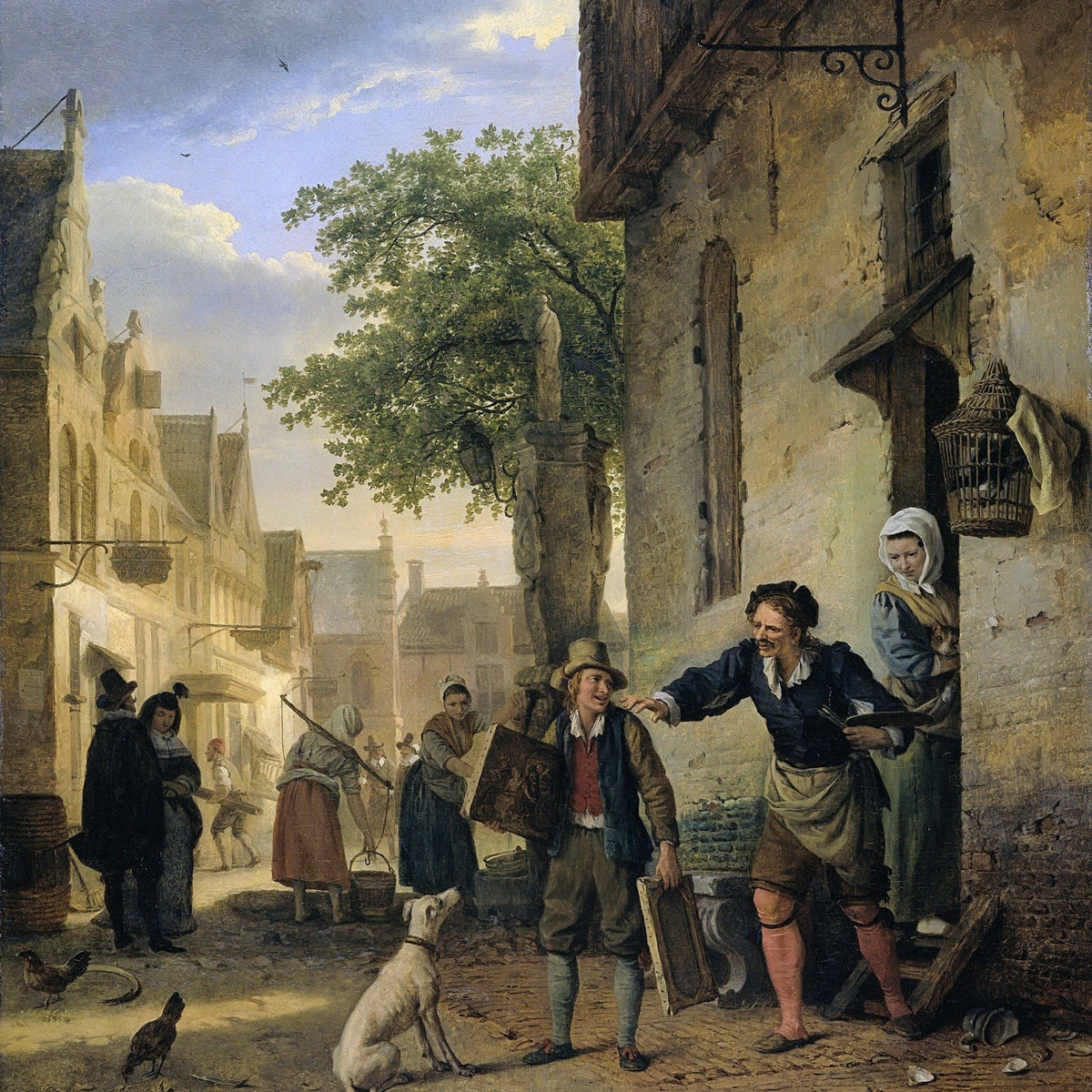 People Oil Painting - Street Scene with Painter and Villagers - Oil Painting Haven