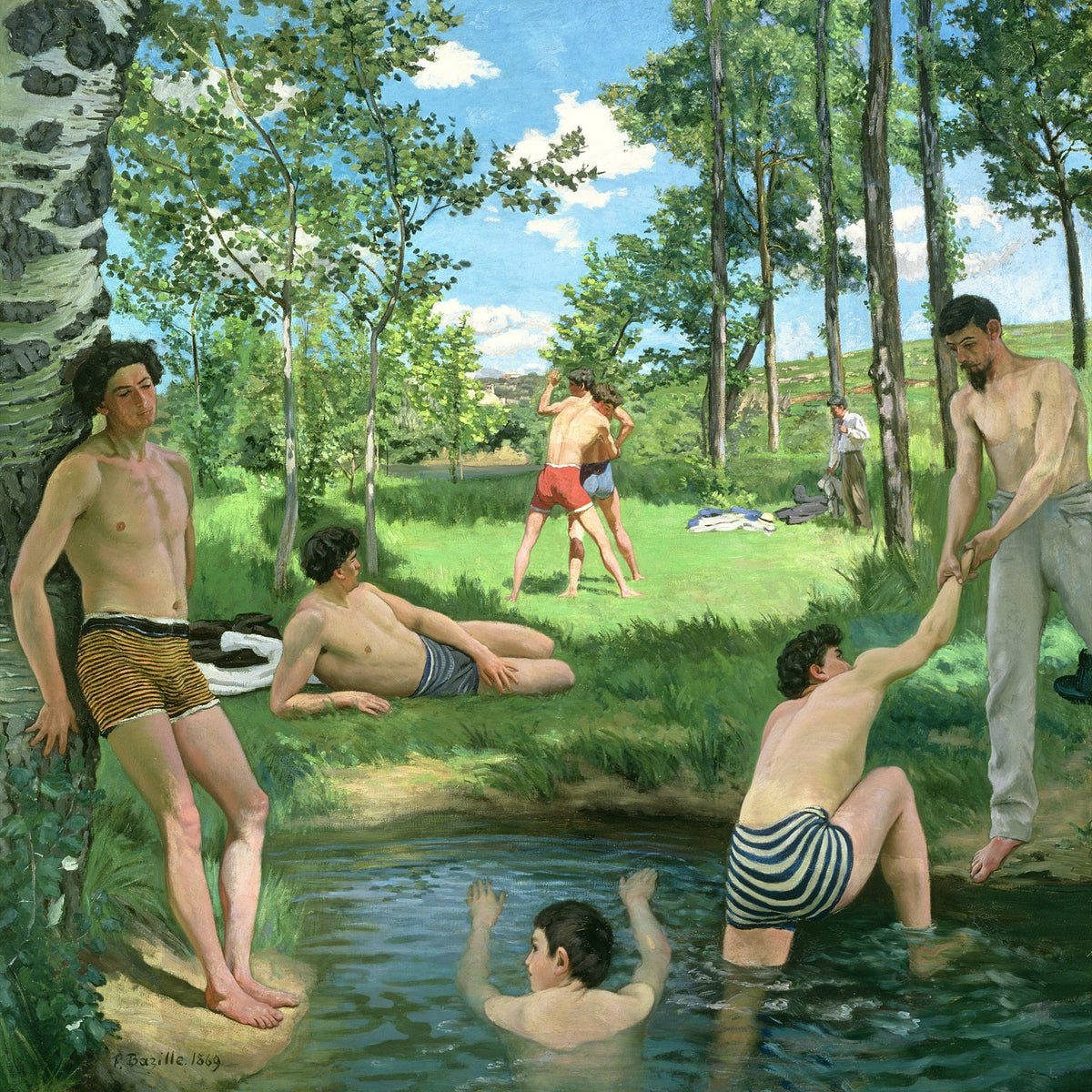 People Oil Painting - Summer Bathers by River Landscape - Oil Painting Haven