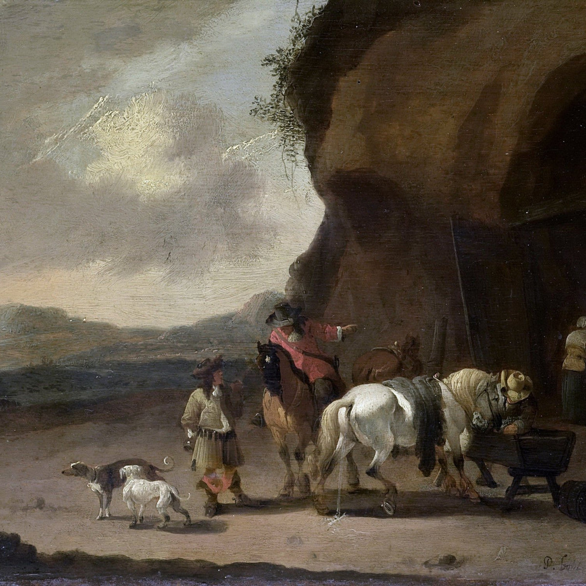 People Oil Painting - Travelers Resting by a Rocky Cliff Road - Oil Painting Haven