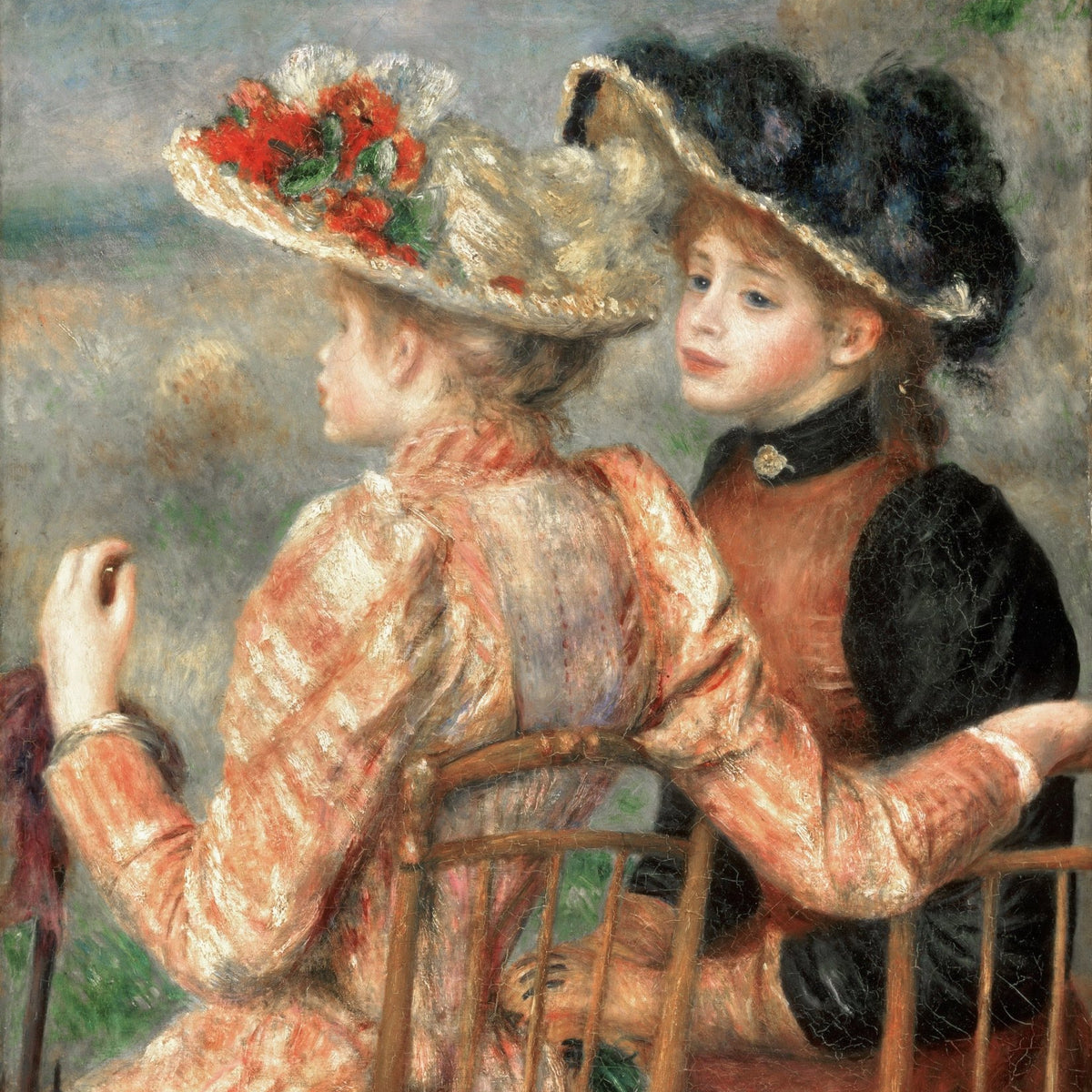 People Oil Painting - Two Girls in Hats Impressionist Scene - Oil Painting Haven