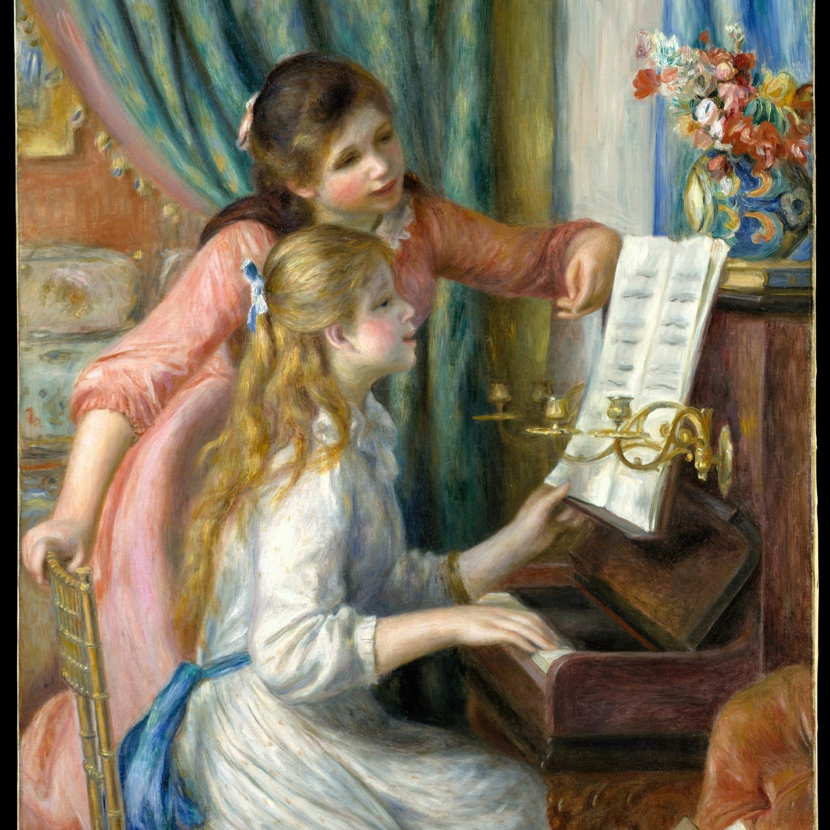 People Oil Painting - Two Girls Playing Piano Indoors - Oil Painting Haven