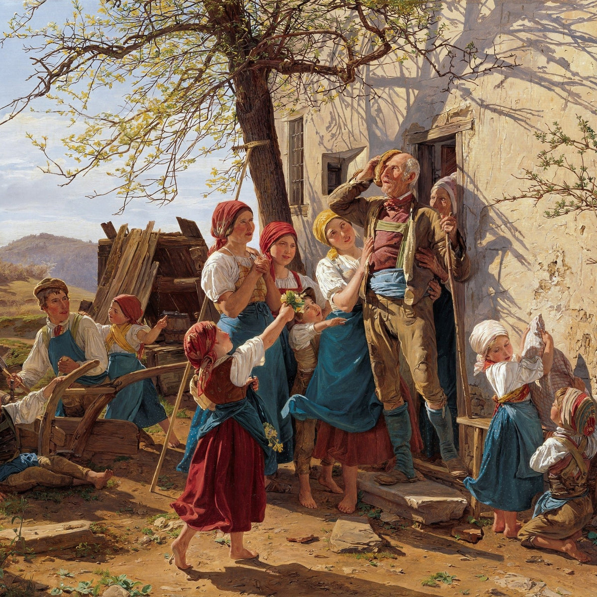 People Oil Painting - Village Family Scene with Children - Oil Painting Haven