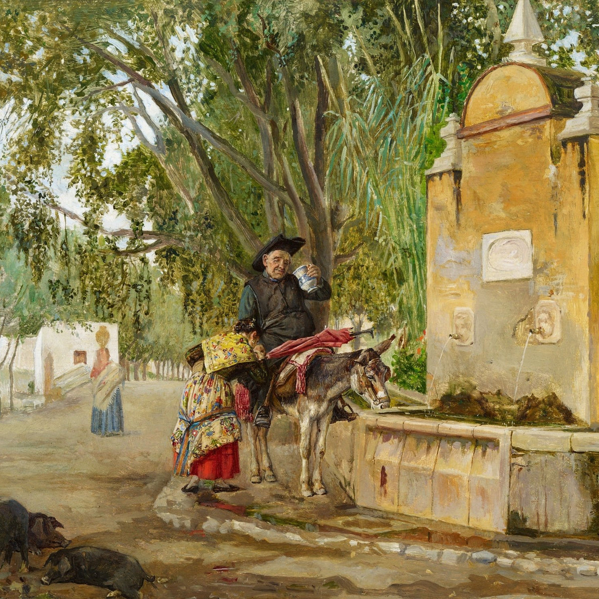 People Oil Painting - Village Fountain Scene with Priest and Donkey - Oil Painting Haven