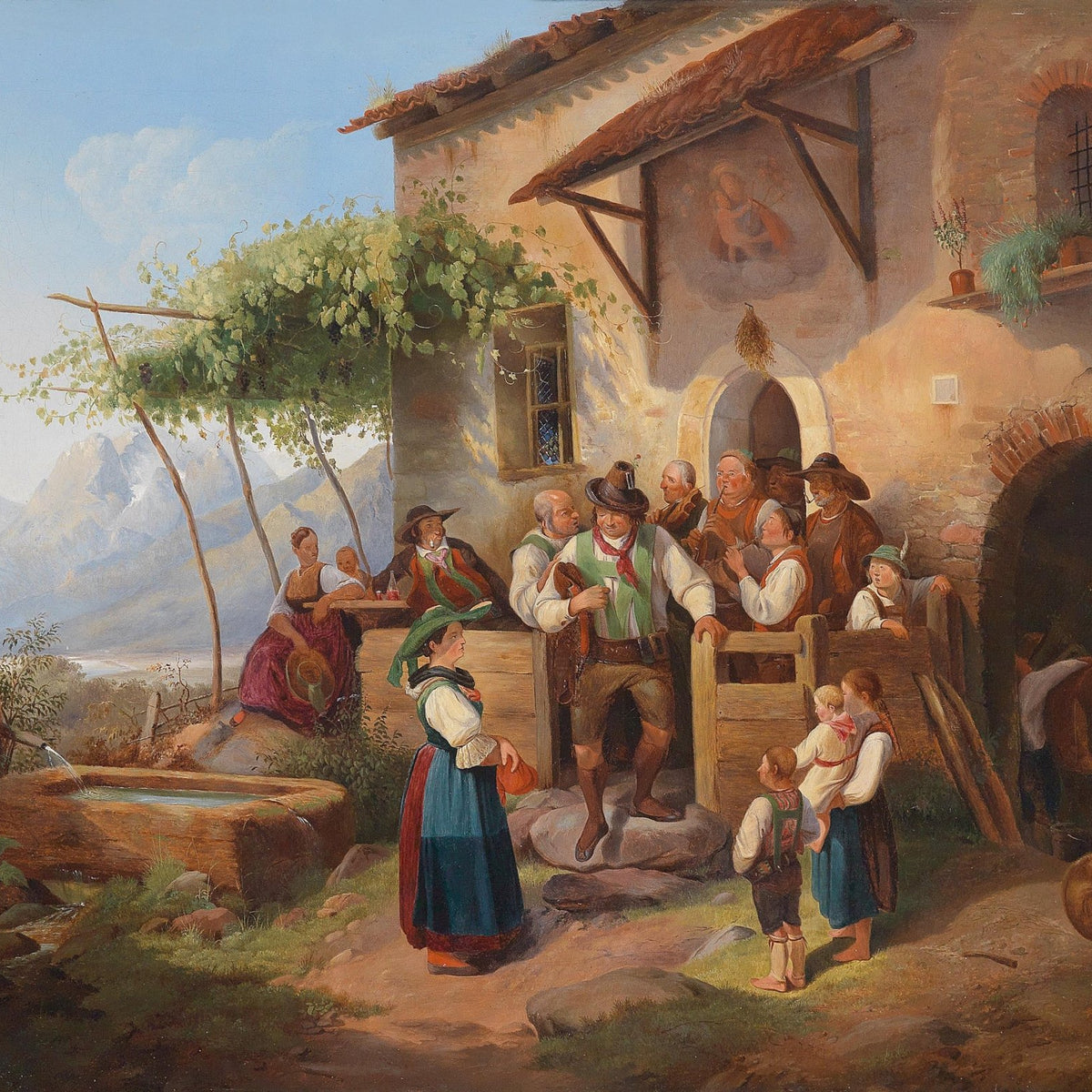 People Oil Painting - Village Gathering Outside Rustic House - Oil Painting Haven