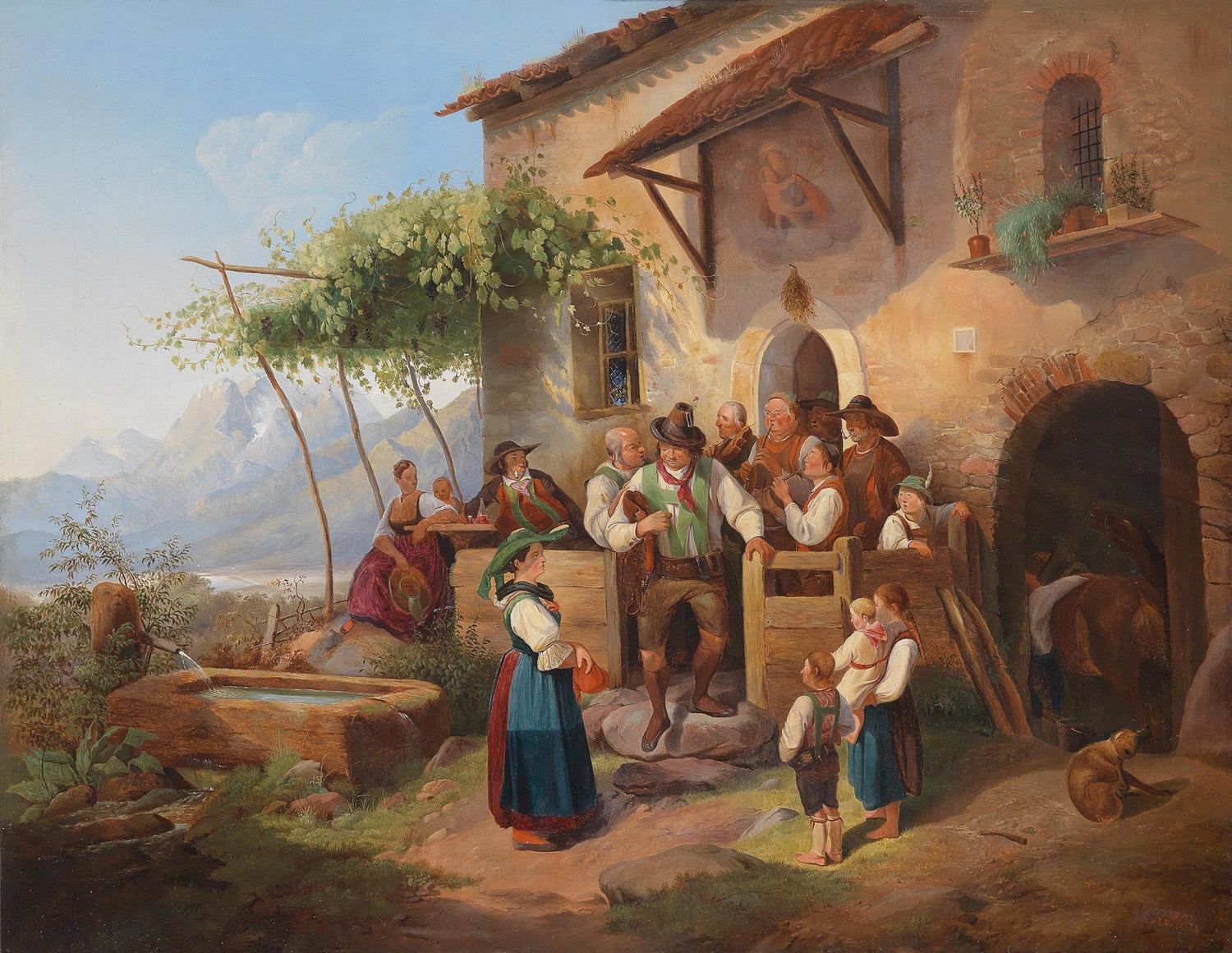 People Oil Painting - Village Gathering Outside Rustic House - Oil Painting Haven