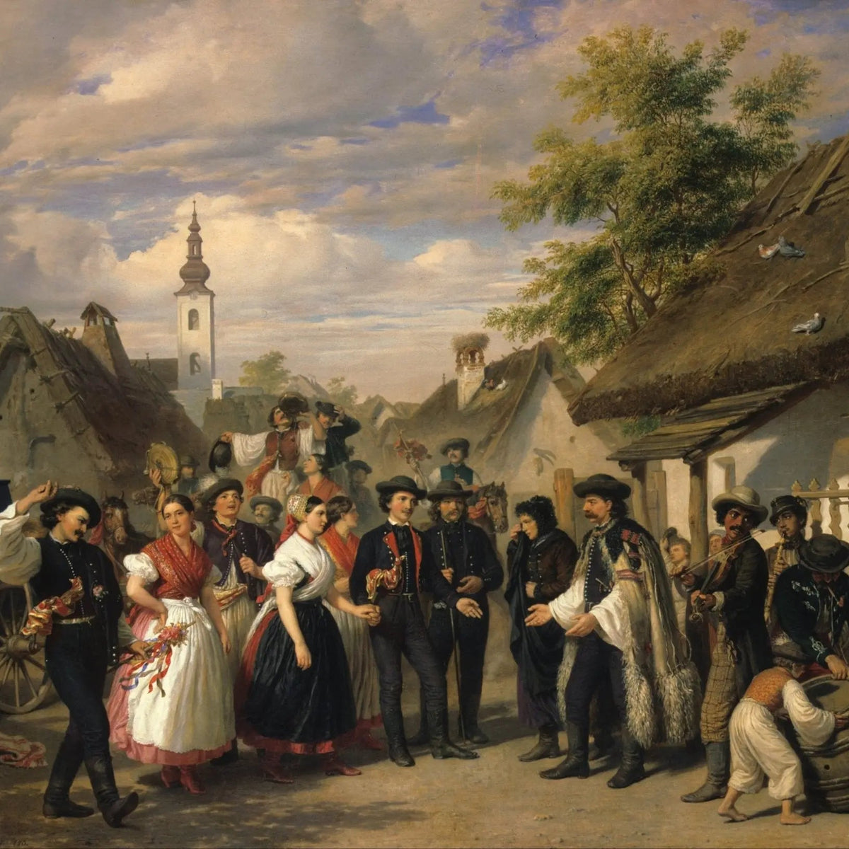 People Oil Painting - Village Gathering with Traditional Attire - Oil Painting Haven