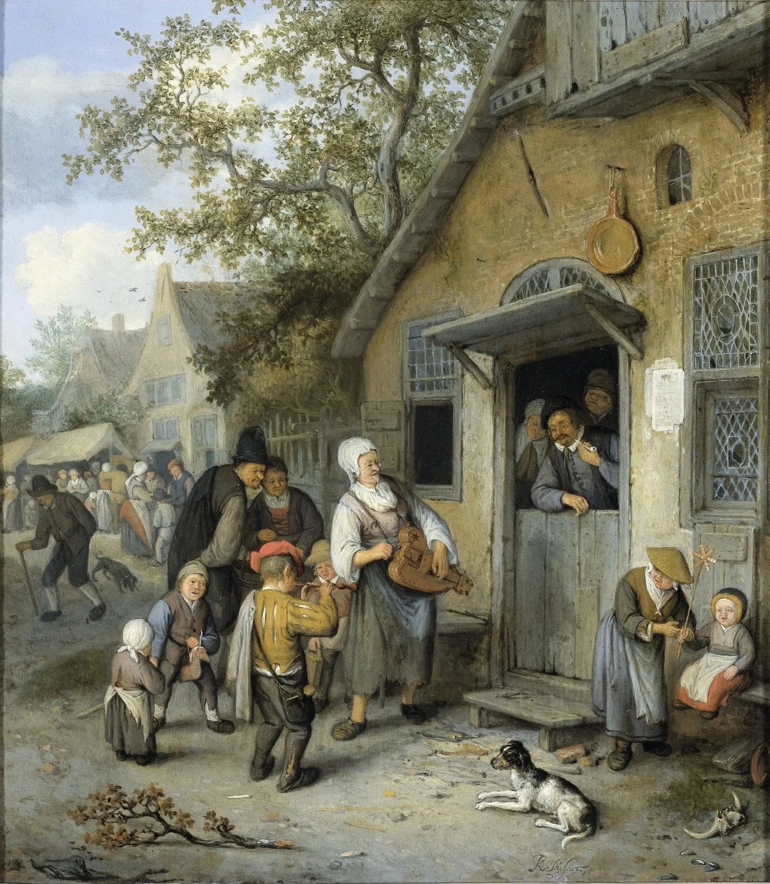 People Oil Painting - Village Scene with Musicians and Figures - Oil Painting Haven