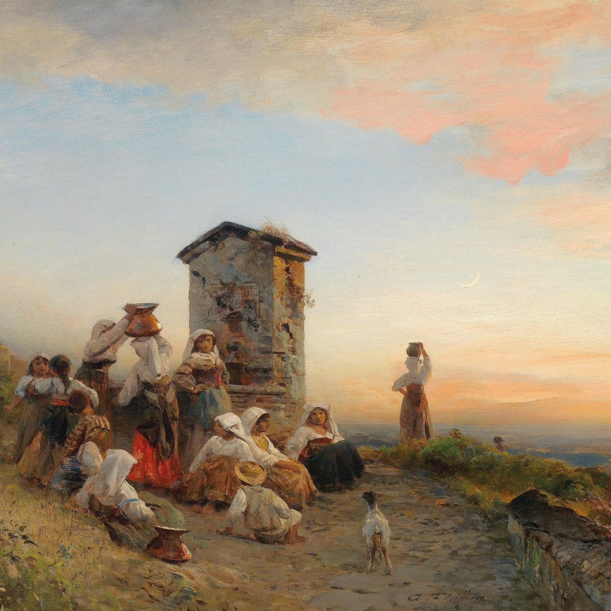 People Oil Painting - Village Women Resting at Sunset Scene - Oil Painting Haven