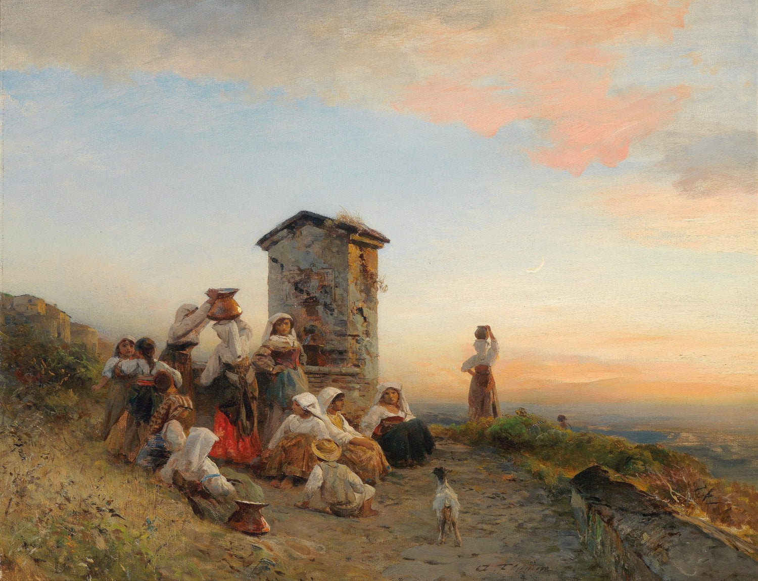 People Oil Painting - Village Women Resting at Sunset Scene - Oil Painting Haven
