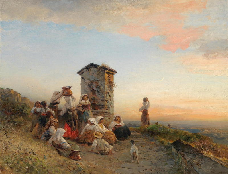 People Oil Painting - Village Women Resting at Sunset Scene - Oil Painting Haven