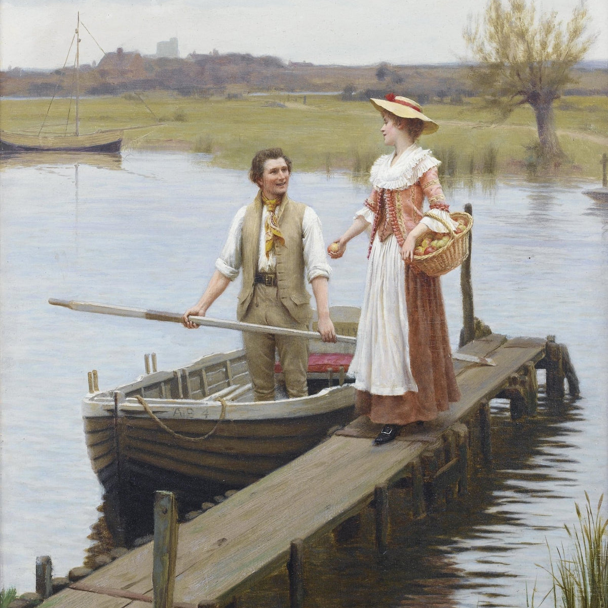 People Oil Painting - Vintage Couple on Riverside Dock Scene - Oil Painting Haven