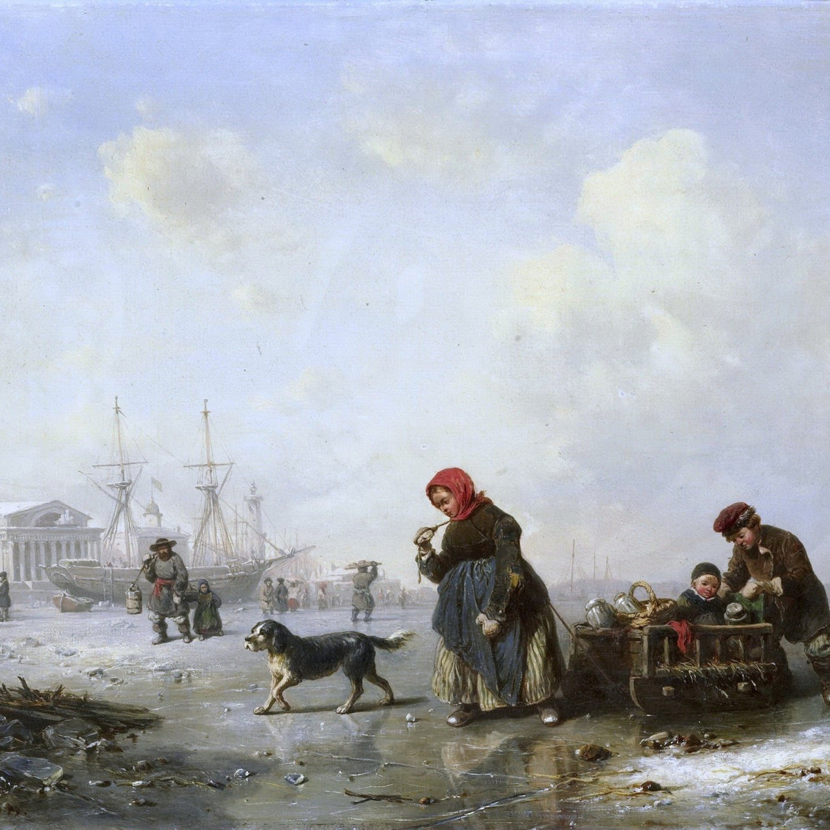 People Oil Painting - Winter Harbor Scene with Figures - Oil Painting Haven