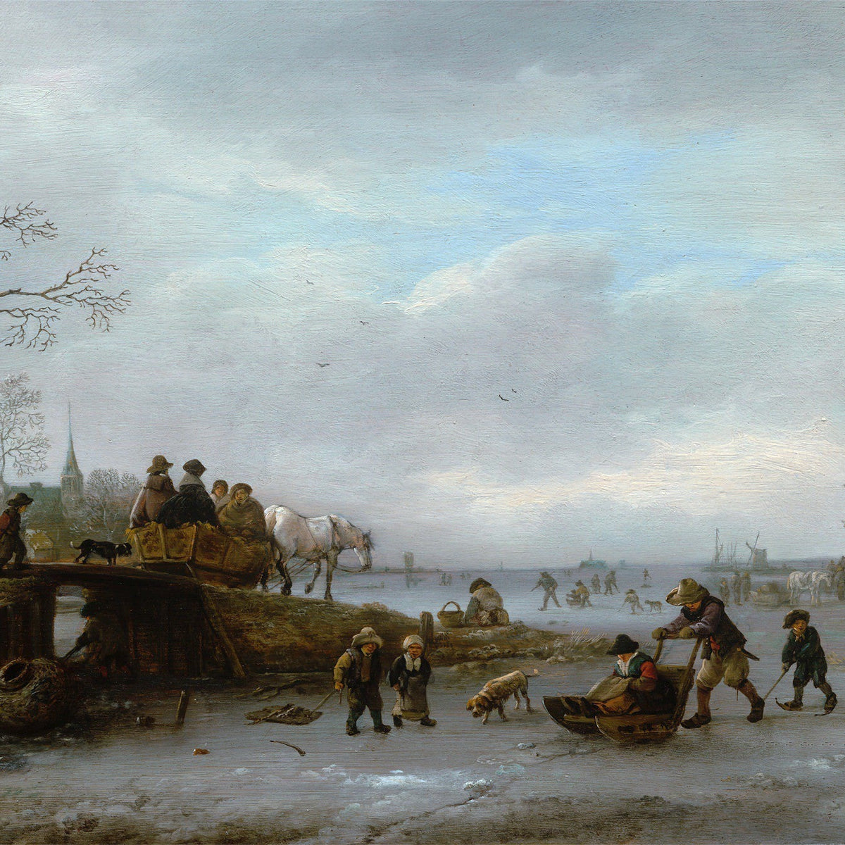 People Oil Painting - Winter Ice Scene with Villagers - Oil Painting Haven