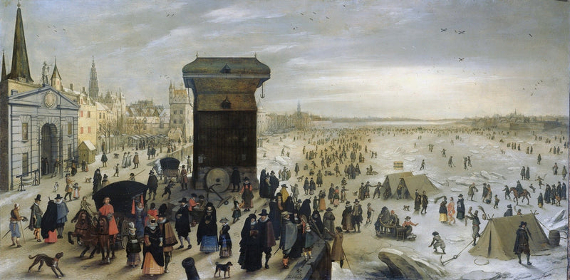 People Oil Painting - Winter River Scene with Busy Town Life - Oil Painting Haven
