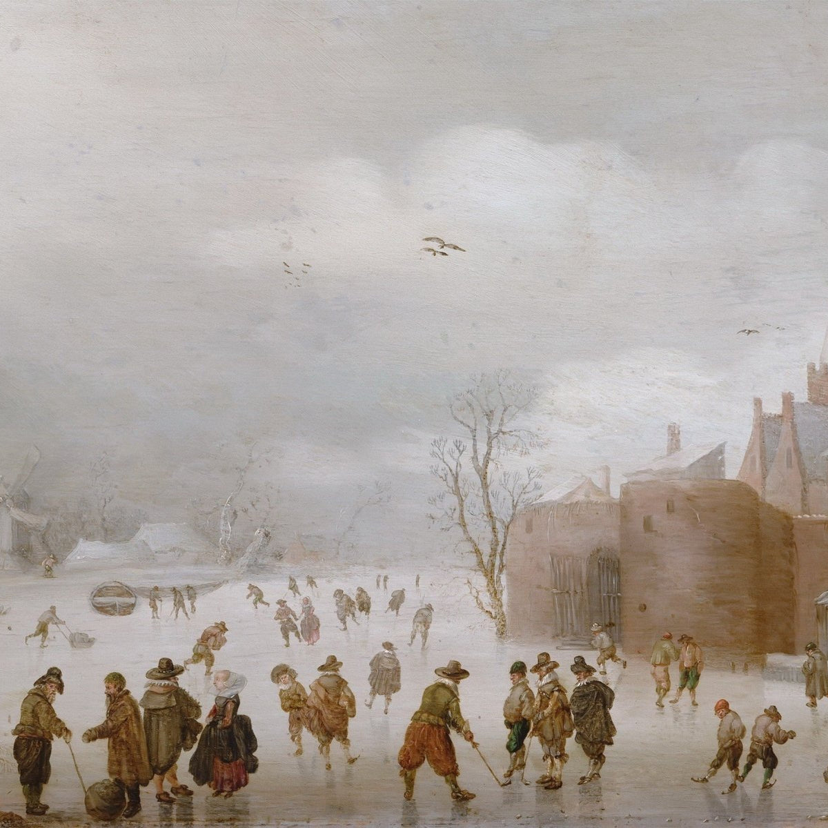 People Oil Painting - Winter Skating Scene by a Dutch Village - Oil Painting Haven