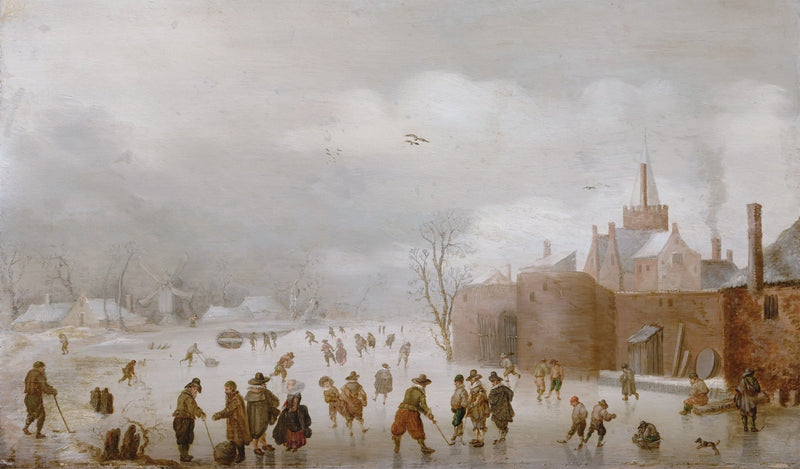 People Oil Painting - Winter Skating Scene by a Dutch Village - Oil Painting Haven
