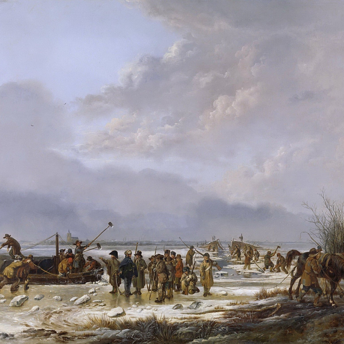 People Oil Painting - Winter Soldiers Crossing Frozen River Scene - Oil Painting Haven