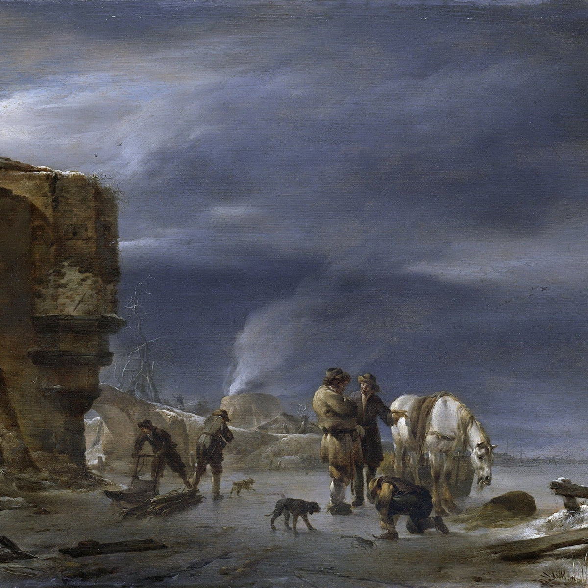 People Oil Painting - Winter Travelers with Horse by Frozen Shore - Oil Painting Haven