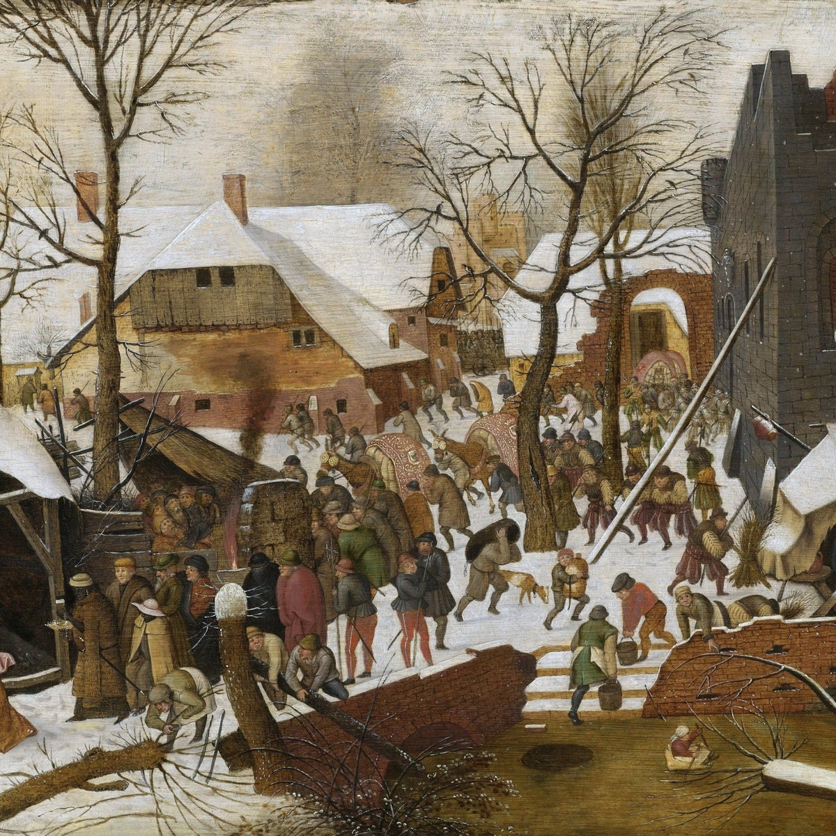 People Oil Painting - Winter Village Scene with Crowds - Oil Painting Haven