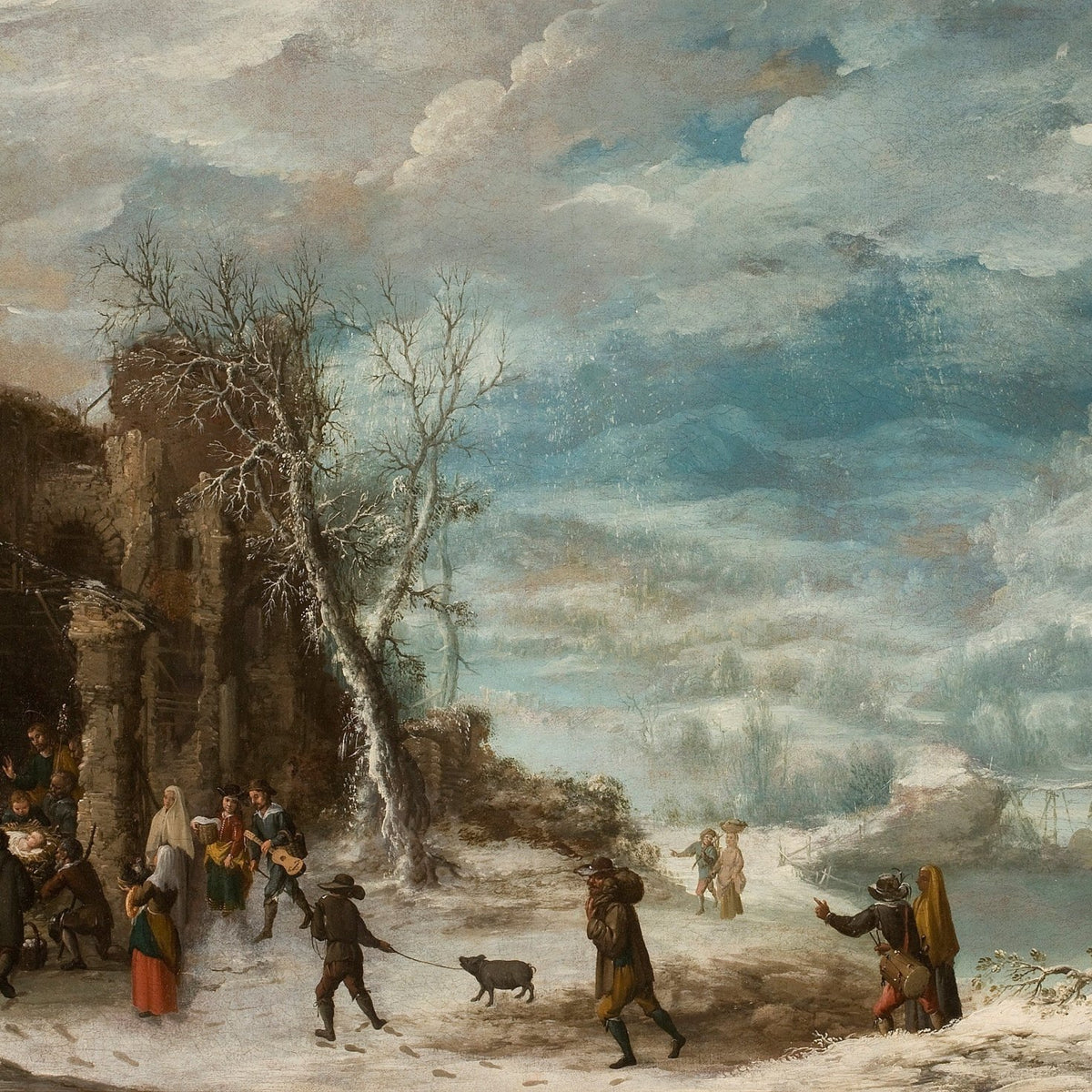 People Oil Painting - Winter Village Scene with Figures - Oil Painting Haven