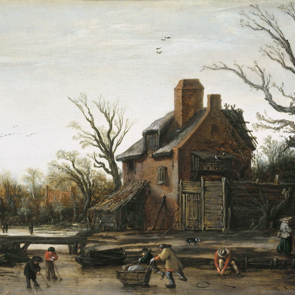 People Oil Painting - Winter Village Scene with Rustic House - Oil Painting Haven