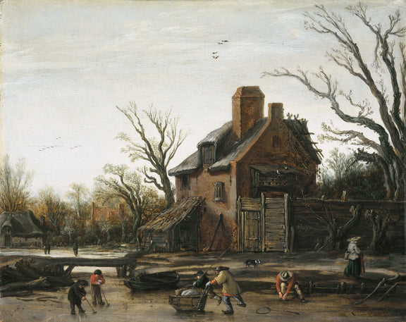 People Oil Painting - Winter Village Scene with Rustic House - Oil Painting Haven