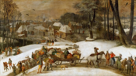 People Oil Painting - Winter Village Scene with Travelers - Oil Painting Haven