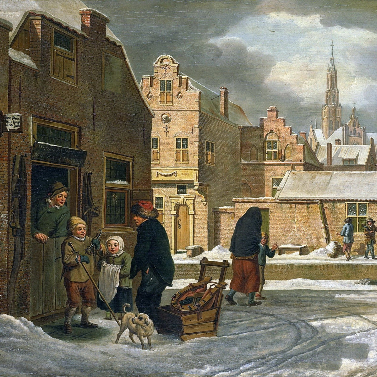 People Oil Painting - Winter Village Street Scene with Figures - Oil Painting Haven