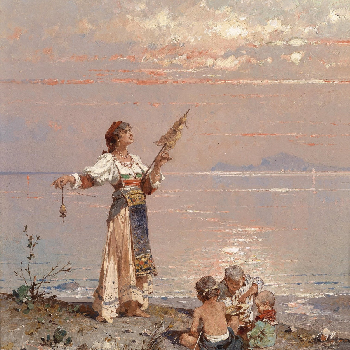 People Oil Painting - Woman and Children by Seaside at Sunset - Oil Painting Haven