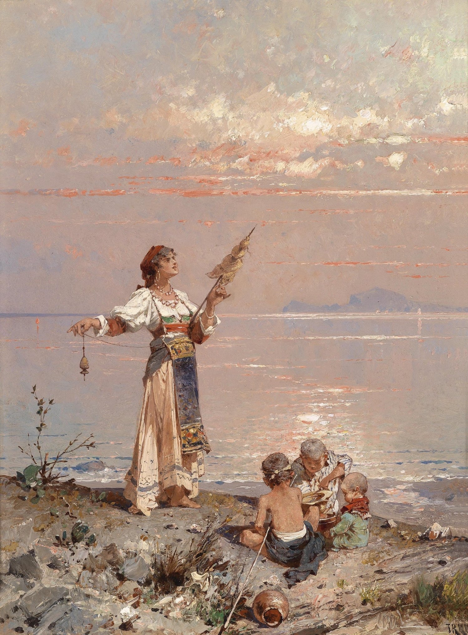 People Oil Painting - Woman and Children by Seaside at Sunset - Oil Painting Haven