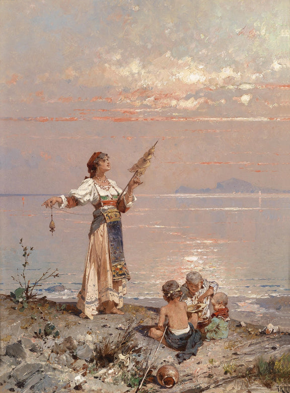 People Oil Painting - Woman and Children by Seaside at Sunset - Oil Painting Haven