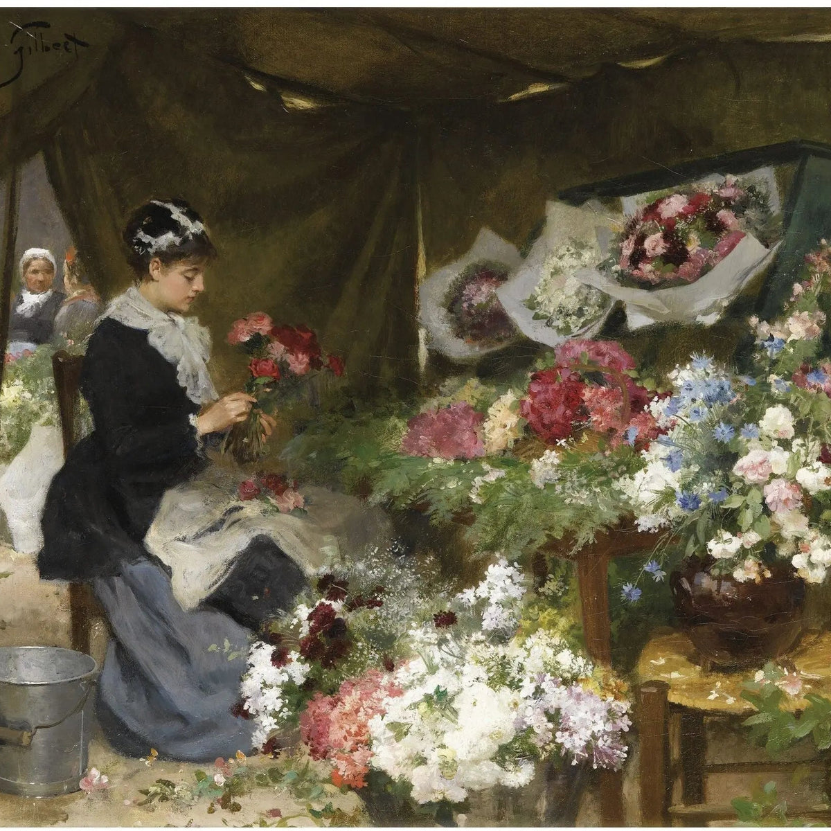 People Oil Painting - Woman Arranging Flowers at Stall - Oil Painting Haven