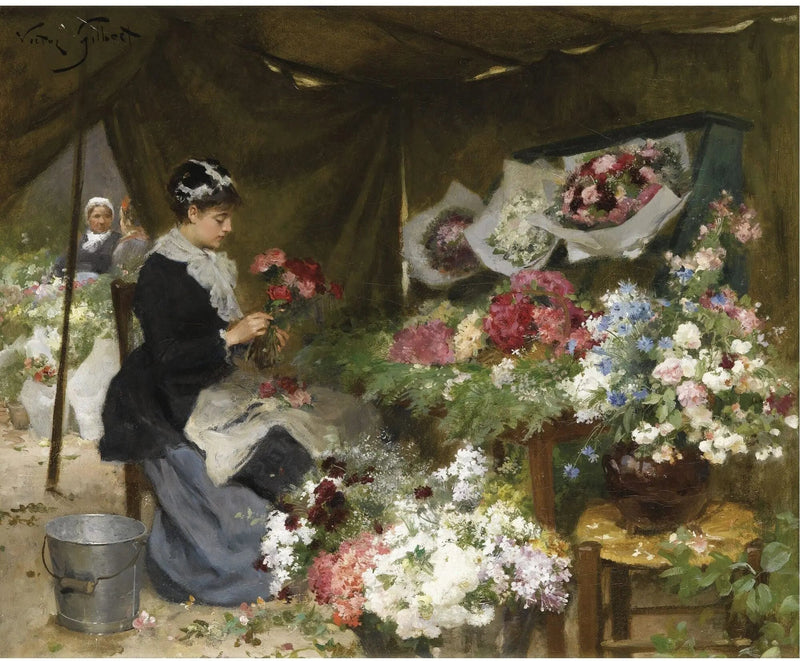 People Oil Painting - Woman Arranging Flowers at Stall - Oil Painting Haven