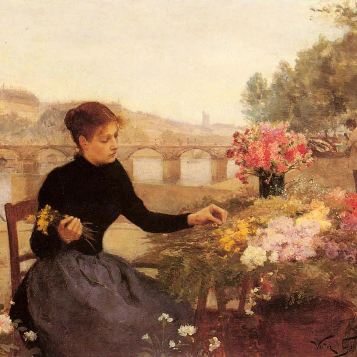 People Oil Painting - Woman Arranging Flowers by River - Oil Painting Haven